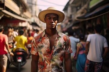 Curious Tourist Exploring Vibrant Streets of Bali. Generative AI