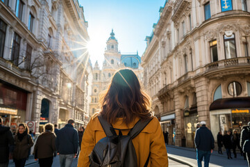 Fototapeta na wymiar Curious Tourist Exploring Vibrant Streets of Vienna. Generative AI