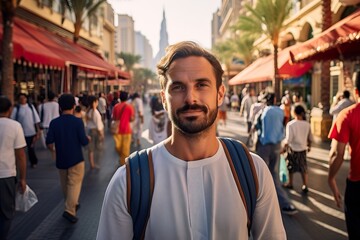 Fototapeta premium Curious Tourist Exploring Vibrant Streets of Dubai. Generative AI