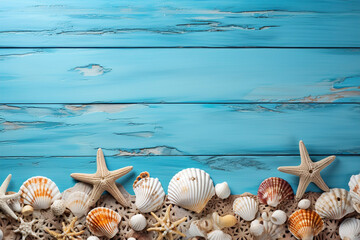 Fototapeta na wymiar Summer sea background. Panorama of turquoise blue wooden background with shells. Sea shells and starfish on wooden background. Boards with copyspace, generative ai