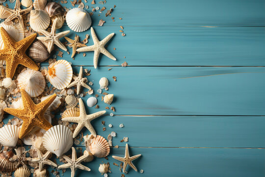 Summer sea background. Panorama of turquoise blue wooden background with shells. Sea shells and starfish on wooden background. Boards with copyspace, generative ai