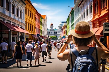 Curious Tourist Exploring Vibrant Streets of Singapore. Generative AI