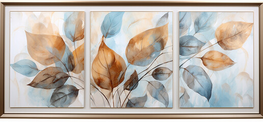 Fototapeta na wymiar Abstract composition with blue and golden leaves on a white background. 3d rendering 
