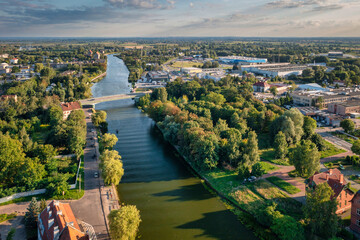 Summer scenery of Elblag river in the light of the setting sun. Poland