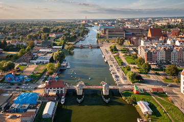 Summer scenery of Elblag river in the light of the setting sun. Poland