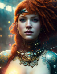 Illustration of beautiful young Cyberpunk Woman with long red hair and cyborg elements on her body against a futuristic glowing background. Future vision design. Ai Generated fictional perso