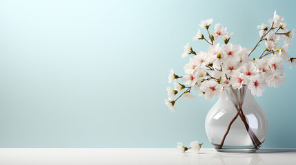 white flowers in vase on table with copy space