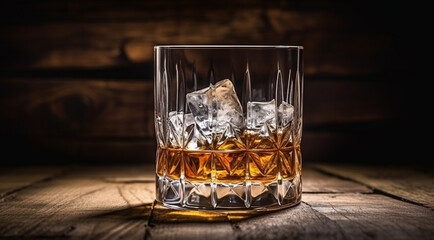 glass of whiskey with ice on wood and black background
generativa IA