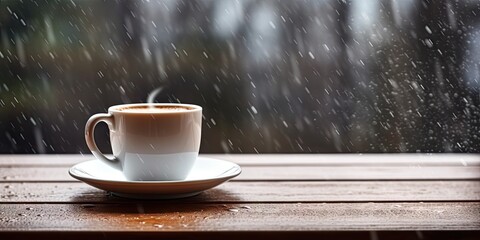Obraz premium Hot coffee in mug on wooden table during snowfall. Raindrop serenity with steamy cup of espresso