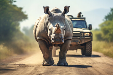 Obraz premium Rhinoceros crosses the road in the national park against the backdrop of the African landscape. Rhinoceros walks along the road against the background of a safari car. Generative AI