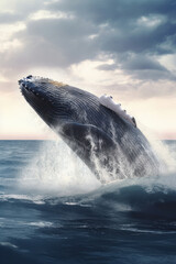 Humpback whale jumping over the sea. Generative AI.