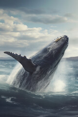 Naklejka premium Blue whale or blue fin whale, jumping over the sea. Generative AI.