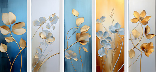 Abstract composition with blue and golden leaves on a white background. 3d rendering
