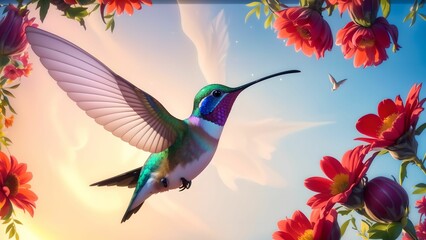 The Enchanting Moments of Hummingbirds Seeking Flower Nectar ai generated