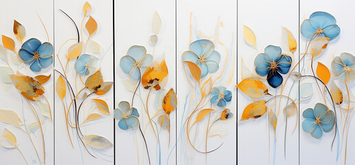 Abstract composition with blue and golden leaves on a white background. 3d rendering
