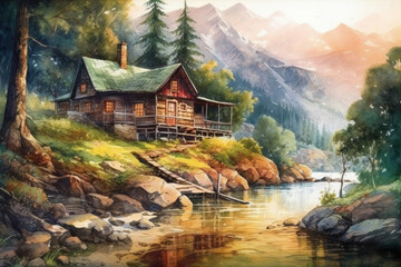 Fototapeta premium Wooden cabin next to a river in the middle of the forest. Generative AI.