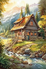 Obraz premium Wooden cabin next to a river in the middle of the forest. Generative AI.