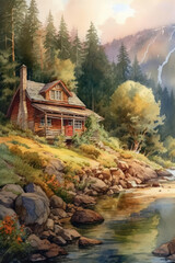 Wooden cabin next to a river in the middle of the forest. Generative AI.