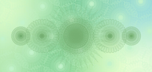 blue and green guilloche background with rosettes