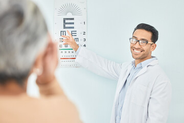 Fototapeta na wymiar Vision, test for eyes and reading chart, optometrist and patient, healthcare and alphabet at clinic. Eye care, glasses and diagnosis with assessment, health and wellness, people with trust and help