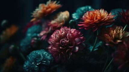 Fototapeta na wymiar Colorful flowers on teal painted dark moody background.