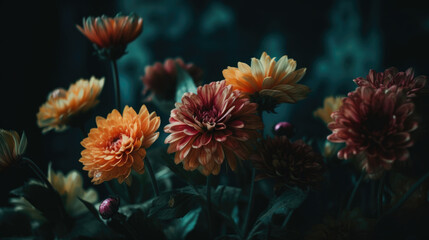 Fototapeta na wymiar Colorful flowers on teal painted dark moody background.