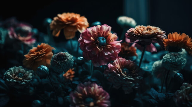 Colorful flowers on teal painted dark moody background.