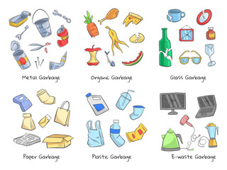 Waste Sorting, Different Types of Garbage, Paper, Plastics, Metal, Glass, Organic, E-Waste. vector illustration of garbage with cartoon style.