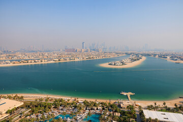 Aerial panoramic view of Palm Jumeirah islands in Dubai, UAE
