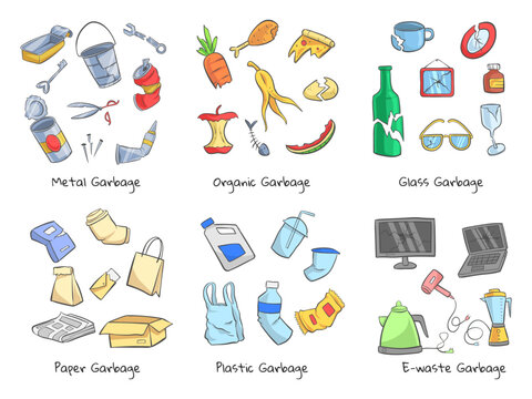Waste Sorting, Different Types of Garbage, Paper, Plastics, Metal, Glass, Organic, E-Waste. vector illustration of garbage with cartoon style.