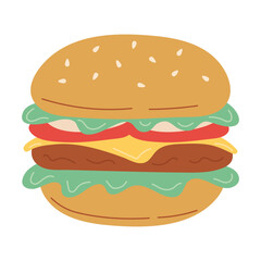 Cartoon Burger With Lettuce,Tomato And Cheese. Vector Hand Drawn Illustration Isolated On Transparent Background