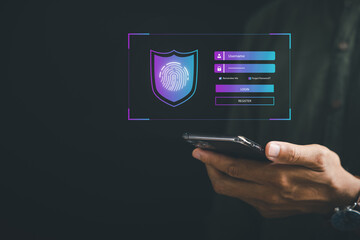 Personal financial data with futuristic biometric fingerprint scanner on mobile phone. Surveillance and security scanning of digital programs applications. data privacy and identity protection.