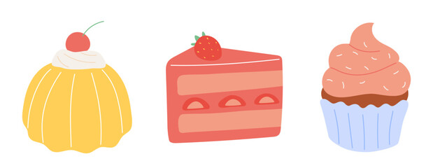 Sweet food. Set of vector icons. Jelly, cupcake and cake. Baked dessert, sugar snack, small cakes. Bakery.