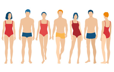 Obraz premium Young men and women, different colors, cartoon character, group of silhouettes of standing figures of sports people, students, flat icon design concept isolated on white background