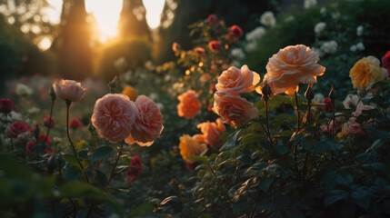 Fototapeta na wymiar Colorful roses blooming in the garden at sunset. Nature background.