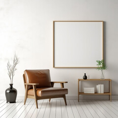 Contemporary white interior complemented by a brown leather armchair, set against a mockup wall with an empty background. 3D render illustration
