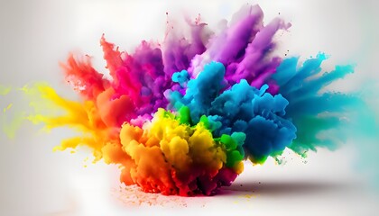 Colorful rainbow cloud explosion on white background. Paint puff of smoke abstract splatter art