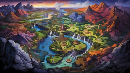 Game Map, Board Game Digital Board, Top View.forests and floating lands.Concept Art Scenery. Book Illustration. Video Game Scene. Serious Digital Painting. CG Artwork Background. Generative AI.
- 636269591