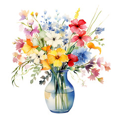 clear vase of pretty flowers, watercolor splotches to accent, watercolor style, white background, 4K