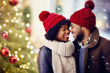 Closeup photo of cute couple spending holly Christmas eve in decorated garland lights house near Chrismas tree outdoors