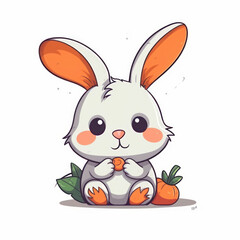 Rabbit with carrot, on a white background. Cartoon illustration. Generative AI.