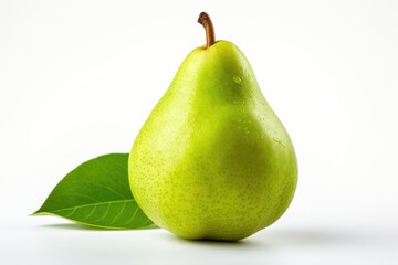 Perfect ripe green pear fruit with leaf and water drops isolated on white background