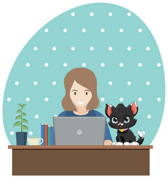 recommend clip art: Woman working at the table with a cat