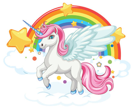 Cute Rainbow Cartoon with Flying Unicorn