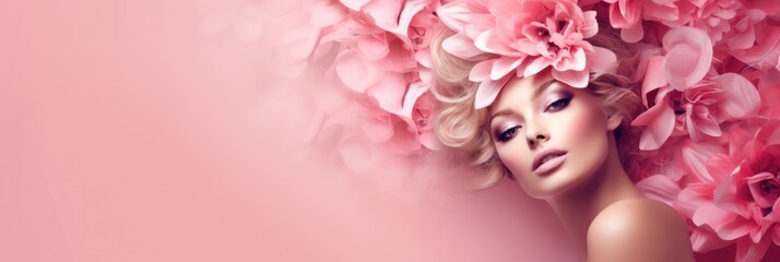 Portrait beautiful woman with flowers over head on pink background, Fantasy in style, Cosmetic products concept.