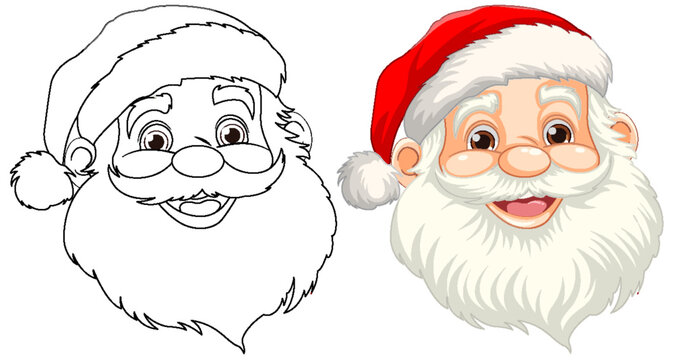 Smiley Santa Claus Cartoon Face and Outline