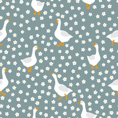Seamless cute geese pattern. Cartoon goose bird simple print. Vector illustration
- 636270748
