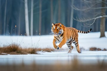 Fototapeta na wymiar Tiger running in snow. Beautiful, dynamic and powerful photo of this majestic animal
