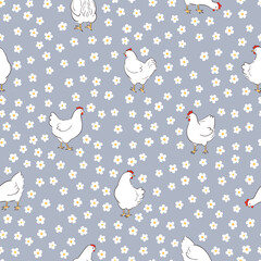 Seamless pattern with cute hens. Vector chickens background - 636270766