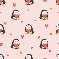 Cute penguins with hearts seamless pattern. Valentines day wrapping paper design. Baby print